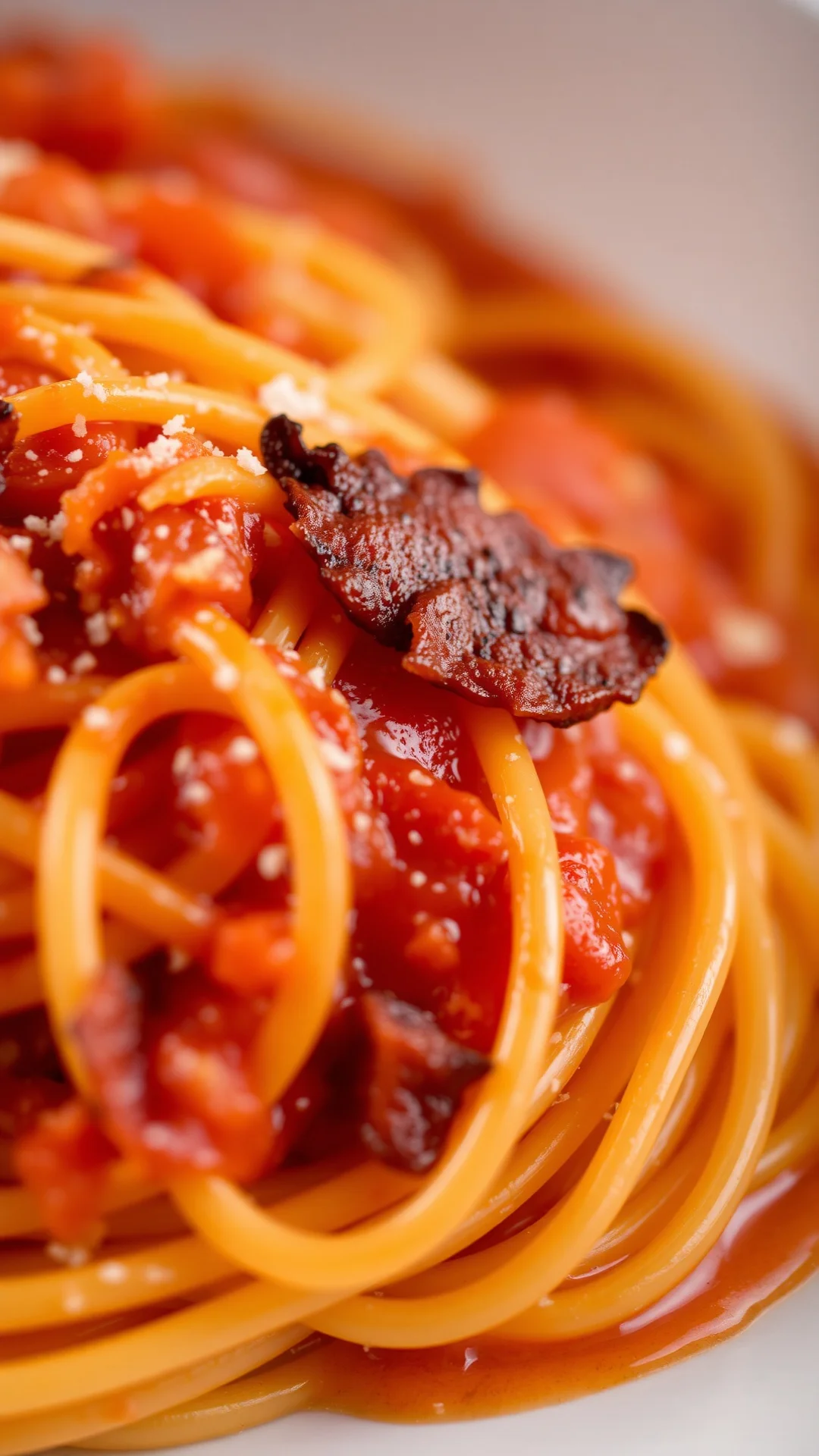 Spaghetti alla pomarola with crispy pancetta, traditional Italian recipe, rich tomato sauce close-up