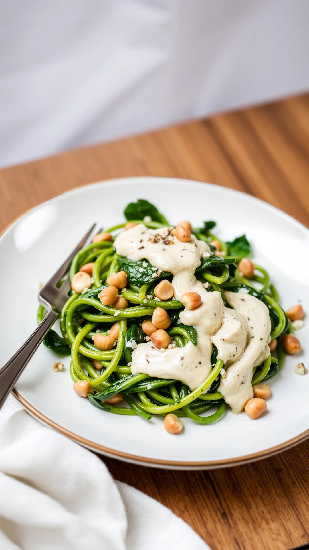 Spinach pasta with hazelnut cream sauce and goat cheese, elegant plating, natural daylight photography
