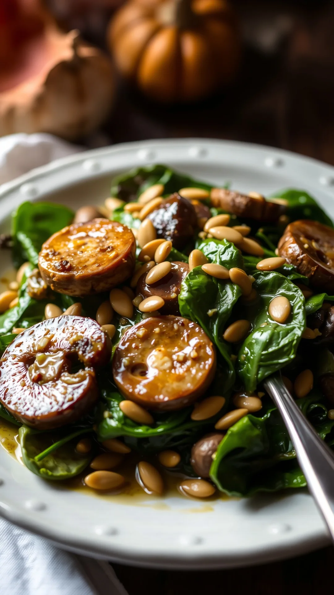 Steaming warm mushroom and spinach salad with ginger, glistening with vinaigrette, pumpkin seeds garnish, cozy autumn lightin