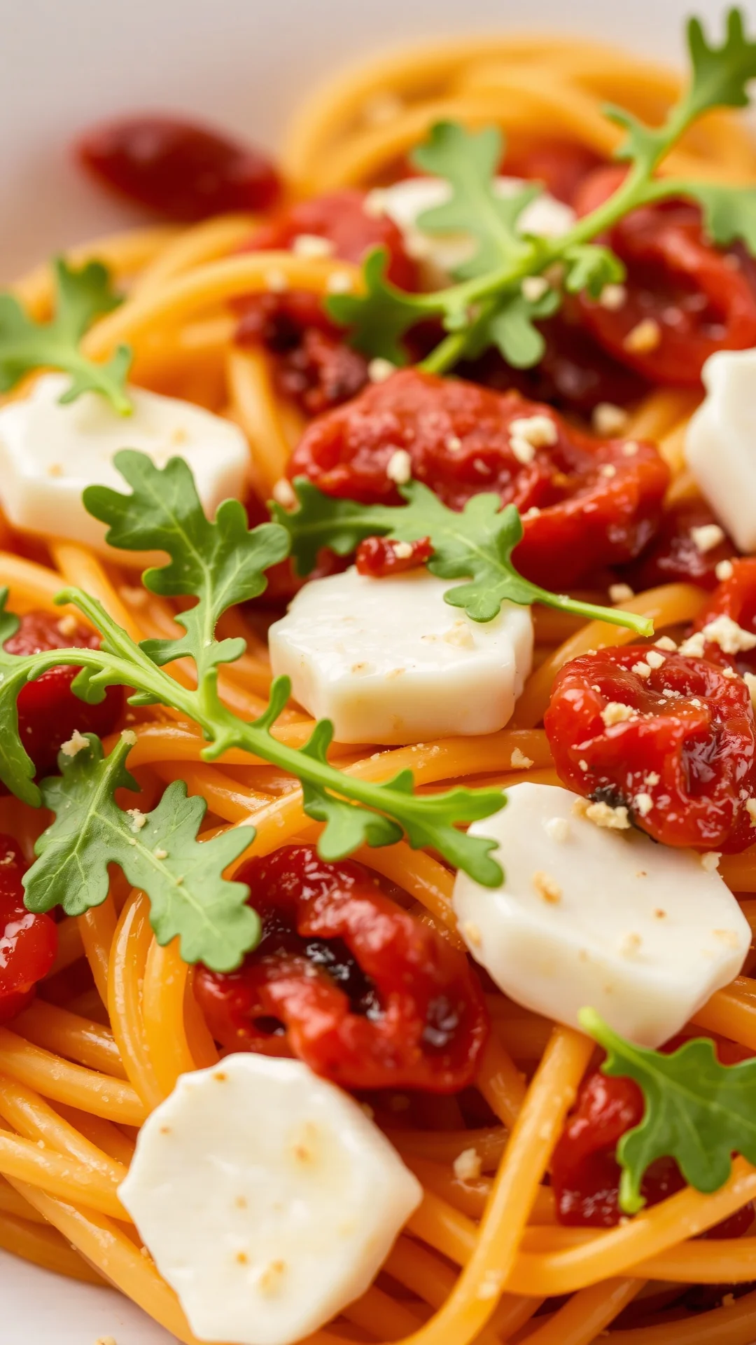 Sun-dried tomato pasta with fresh arugula and mozzarella, vibrant colors, professional food photography