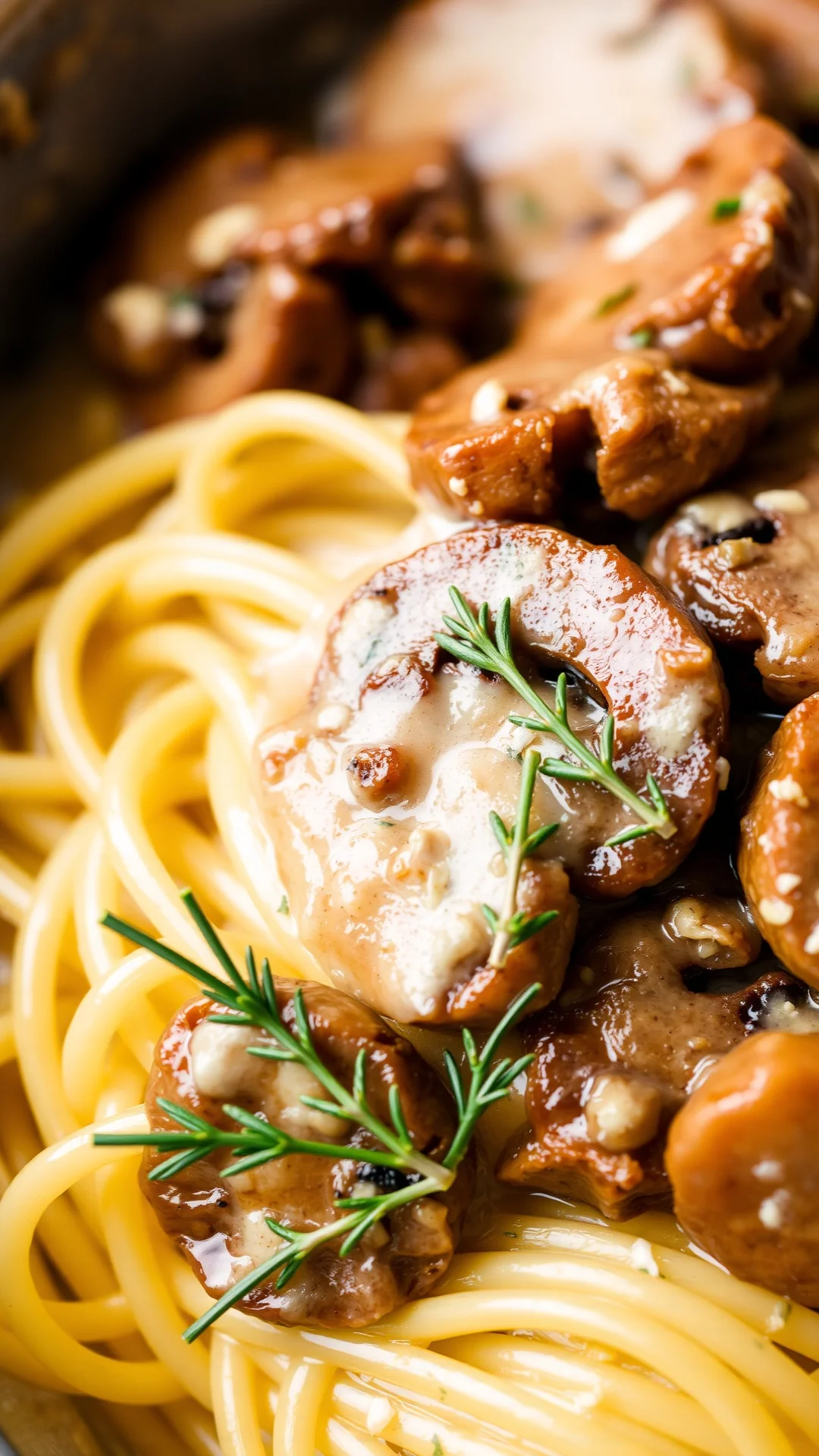 Tagliatelle pasta with sautéed mushrooms in creamy sauce, fresh thyme, close-up food photography, rich colors, gourmet prese