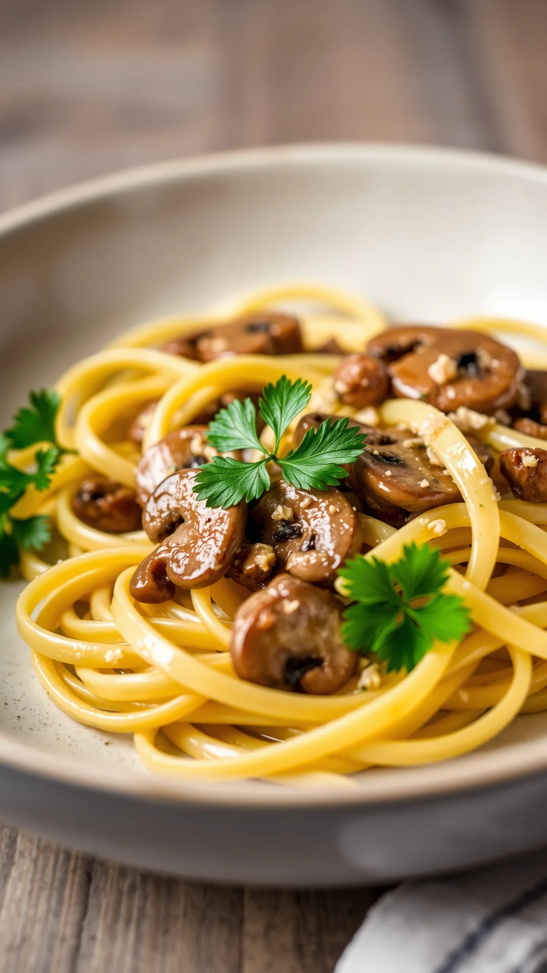 Tagliatelle pasta with wild mushrooms in creamy sauce, fresh parsley garnish, shallow depth of field, warm lighting