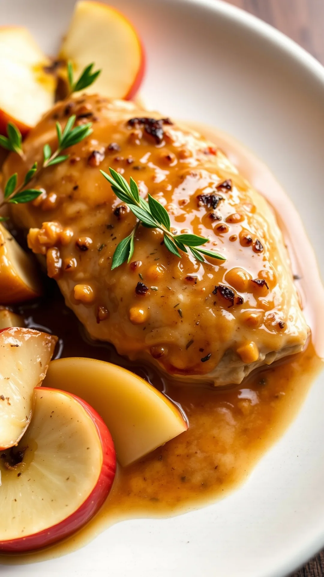 Tender chicken with apple and cider sauce, creamy texture, fresh apples garnish, fine dining plating, warm autumn lighting, g