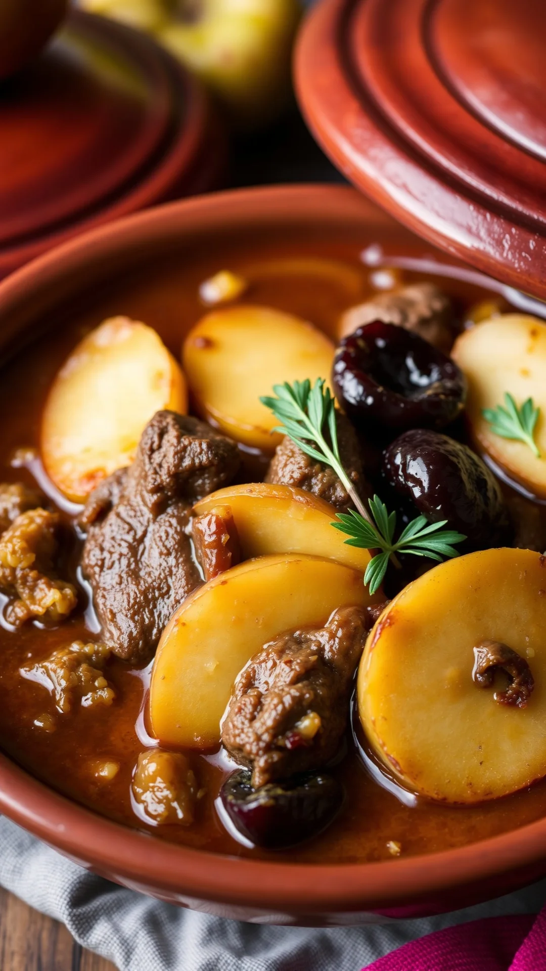 Traditional Moroccan beef tajine with apples and prunes, slow-cooked rich sauce, warm spices, rustic pottery dish, autumn ing