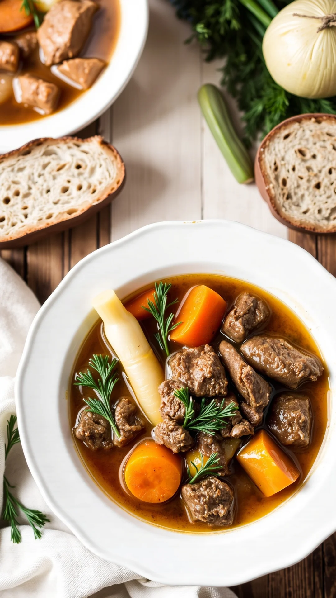 Traditional pot-au-feu with tender beef, carrots, turnips, leeks, homemade comfort food, rustic farmhouse style, warm winter