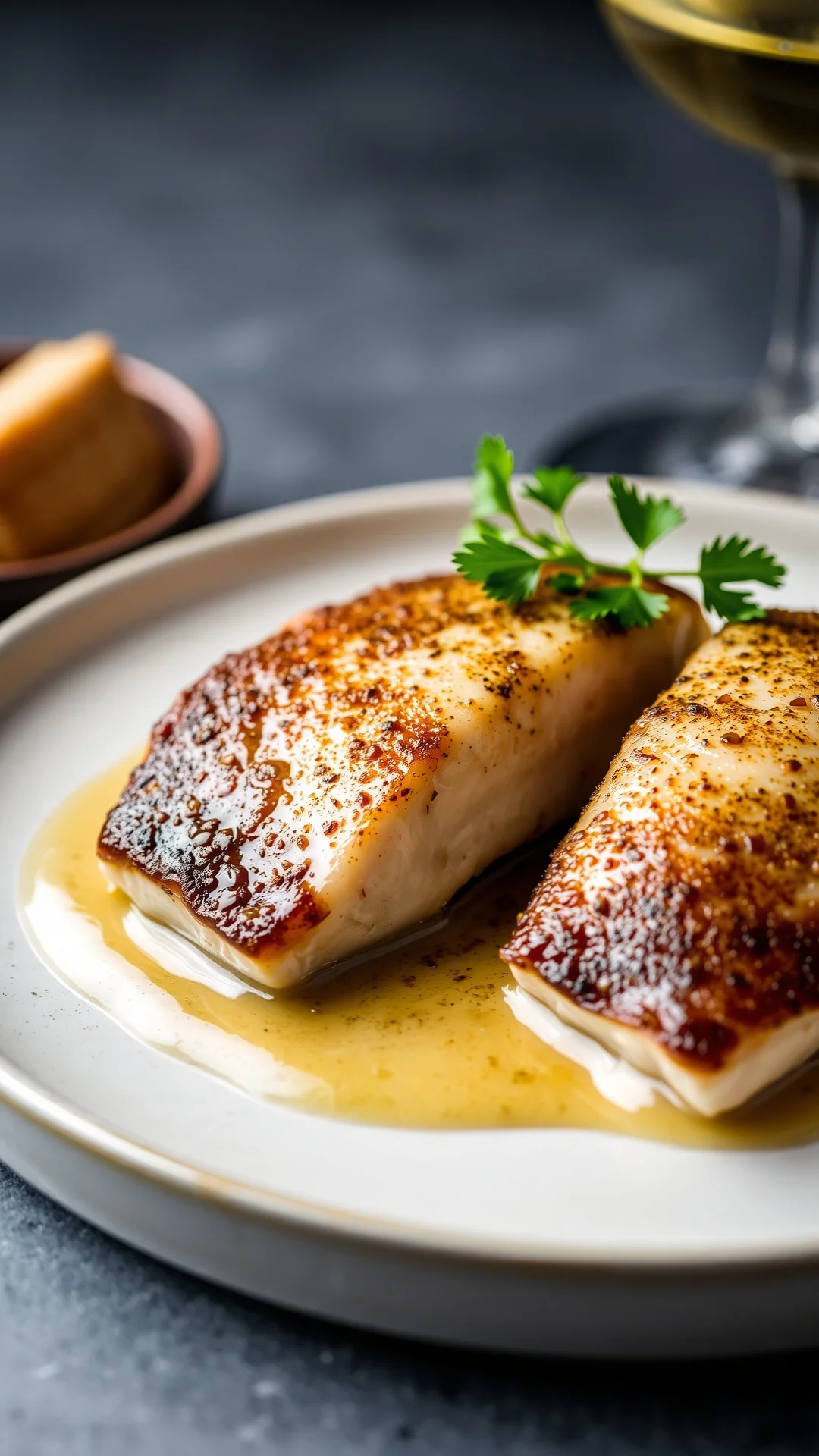 Turbot meuniere fillets hazelnut brown butter, white wine sauce, fresh parsley, fine dining aesthetic