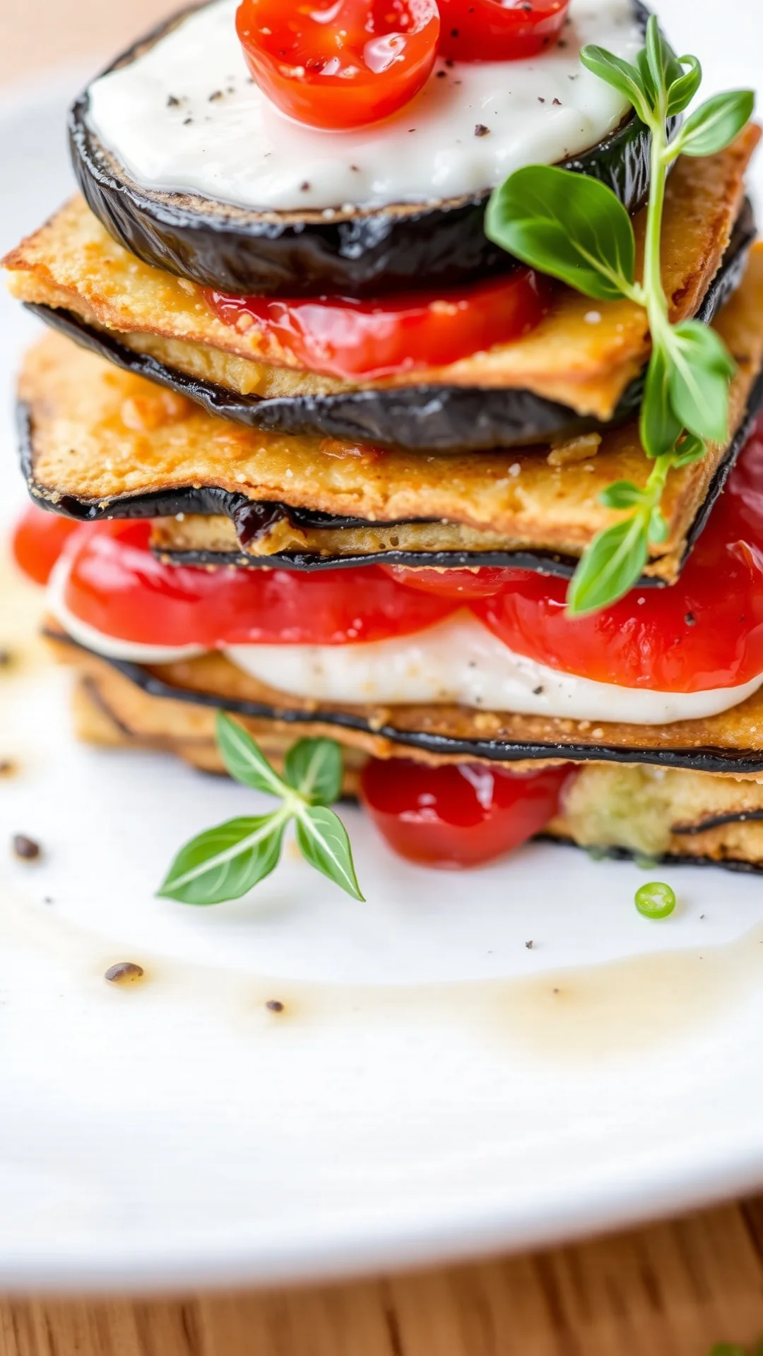 Vegetable millefeuille eggplant mushroom truffle layers, mozzarella, confit tomatoes, artistic presentation