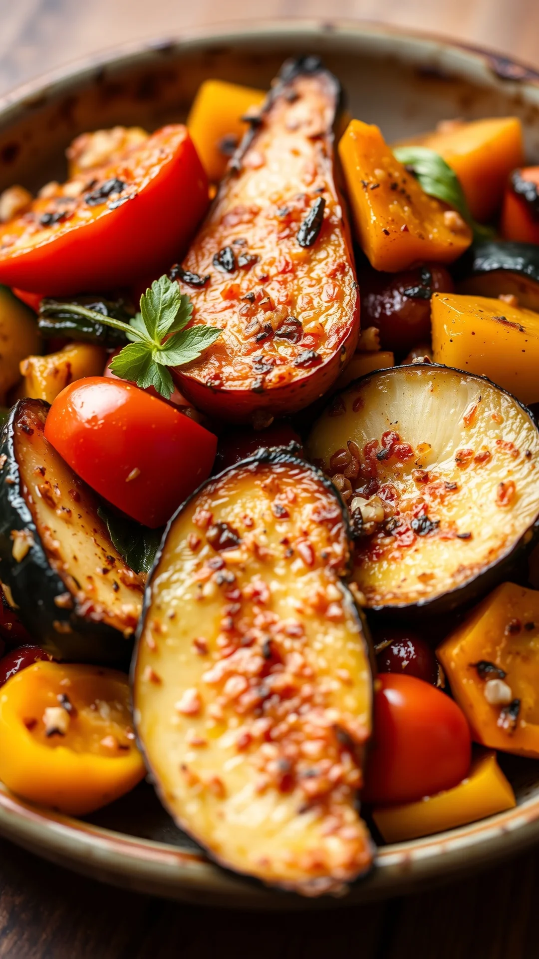 Vibrant autumn ratatouille with roasted vegetables, eggplant, zucchini, peppers, tomatoes, warm lighting, rustic plate, 9:16