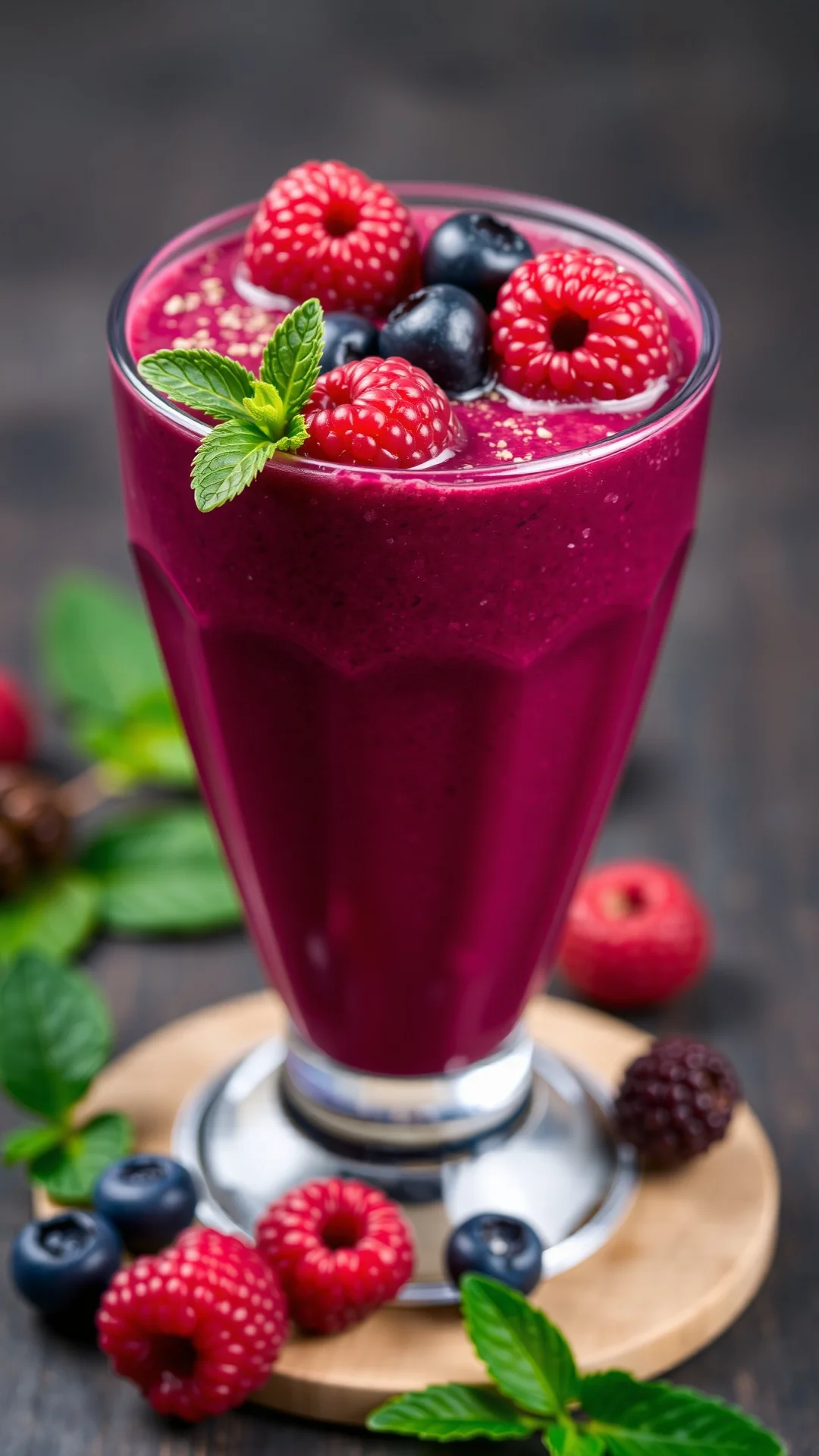Vibrant berry smoothie with dark red and purple berries, flax seeds visible, topped with fresh berries, refreshing autumn dri