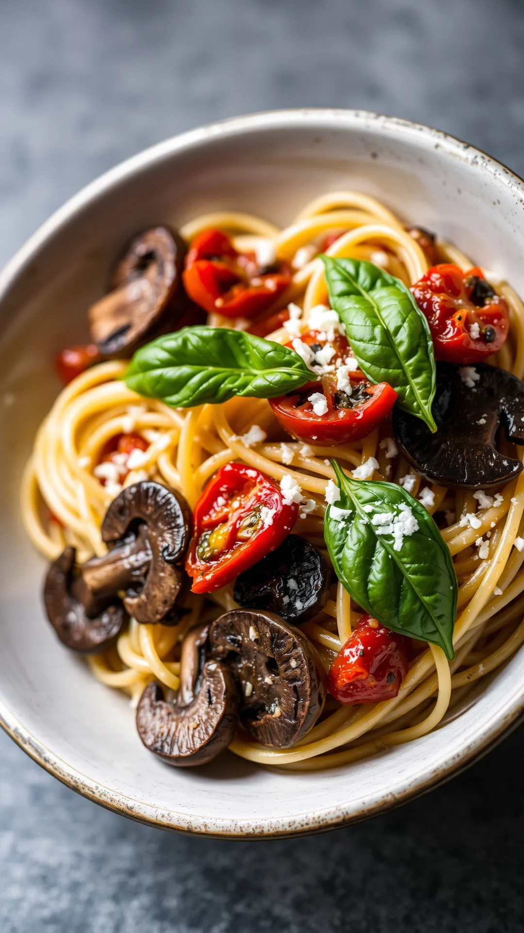 Vibrant pasta dish with mixed forest mushrooms, sun-dried tomatoes, fresh basil leaves, parmesan cheese, olive oil coating, M