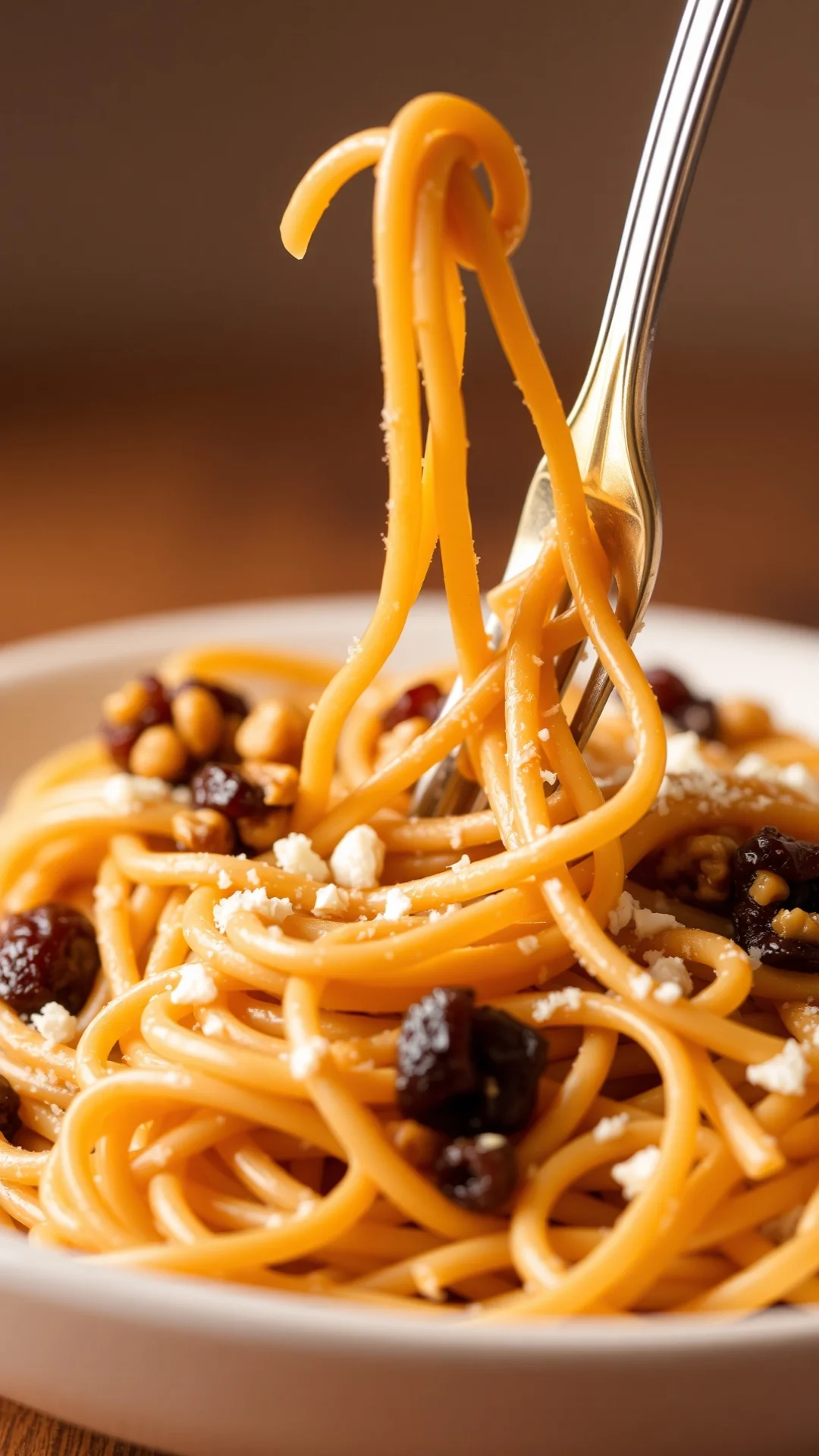 Whole wheat pasta with walnuts raisins and parmesan cheese, fork twirling noodles, close-up food styling, warm golden light,