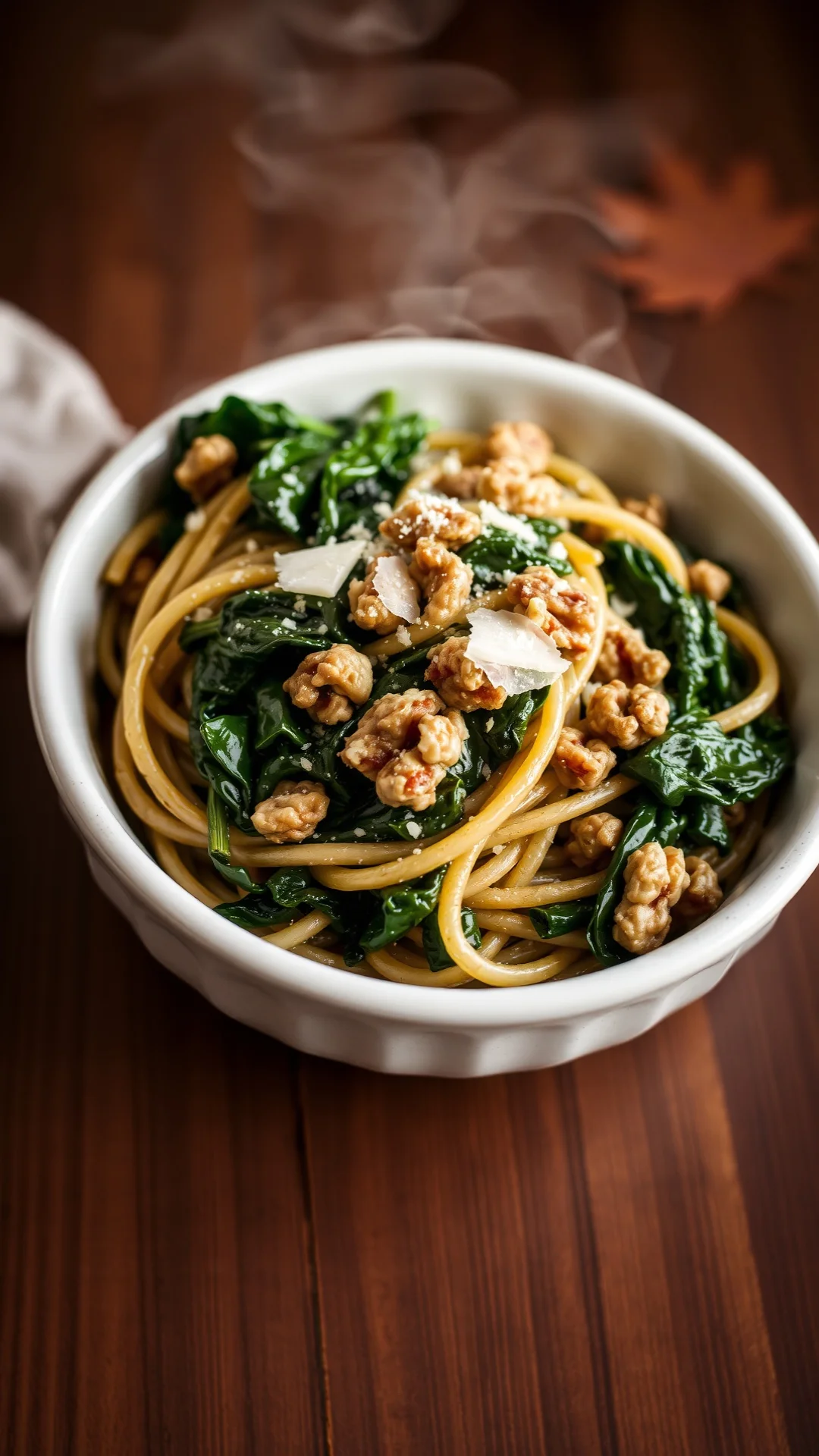 Wholesome whole wheat pasta with sautéed spinach and walnuts, garnished with parmesan, steam rising, warm autumn colors, 9:1