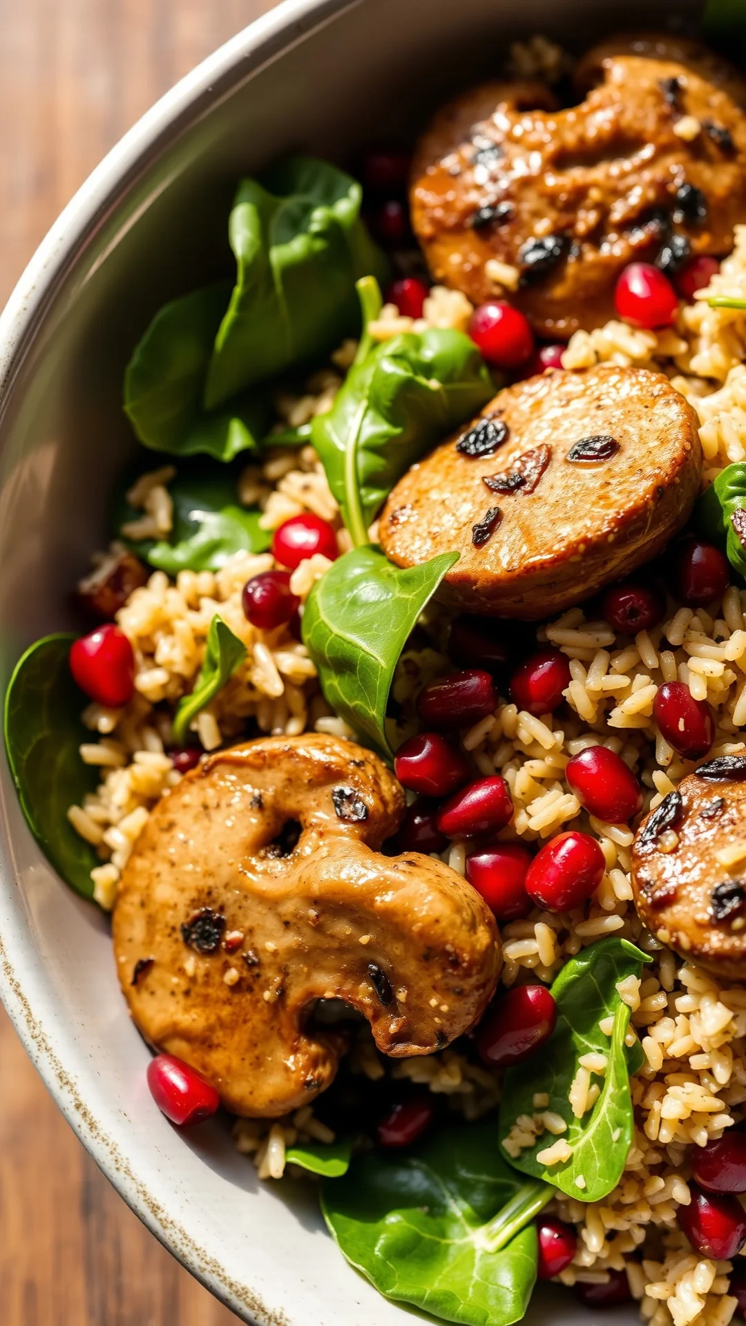 Wild rice salad with roasted mushrooms, pomegranate seeds, fresh spinach, vibrant colors, natural sunlight, overhead angle, 9