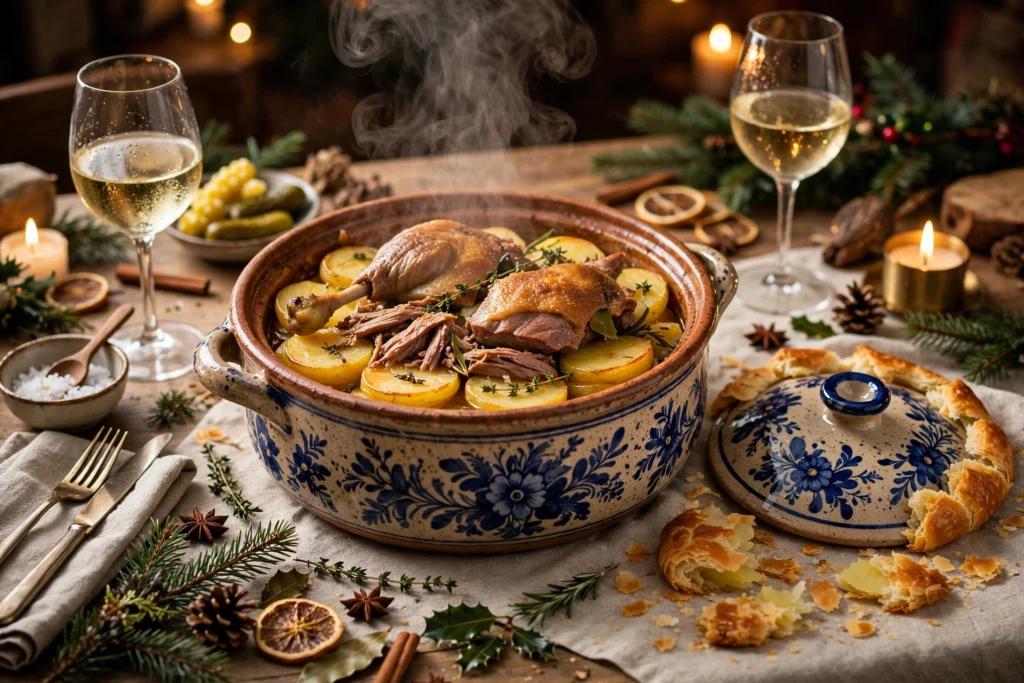 Le baeckeoffe canard noël servi dans sa terrine alsacienne, pommes de terre fondantes