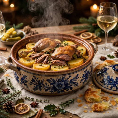 Le baeckeoffe canard noël servi dans sa terrine alsacienne, pommes de terre fondantes