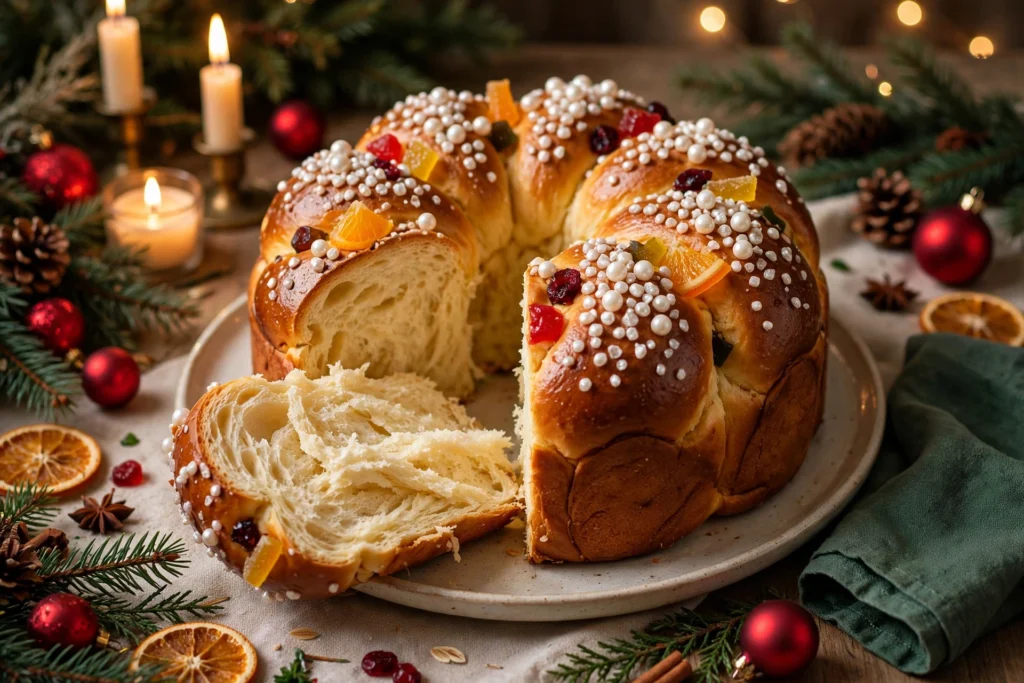 Brioche de noël dorée aux fruits confits tranchée sur une table de fête