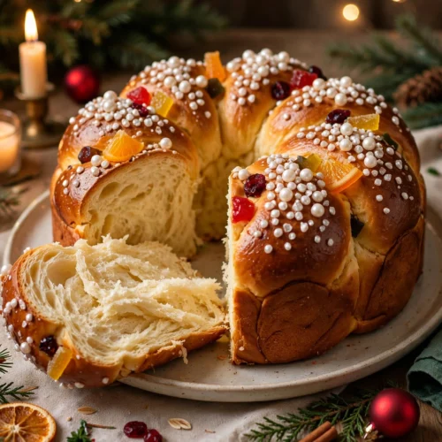 Brioche de noël dorée aux fruits confits tranchée sur une table de fête