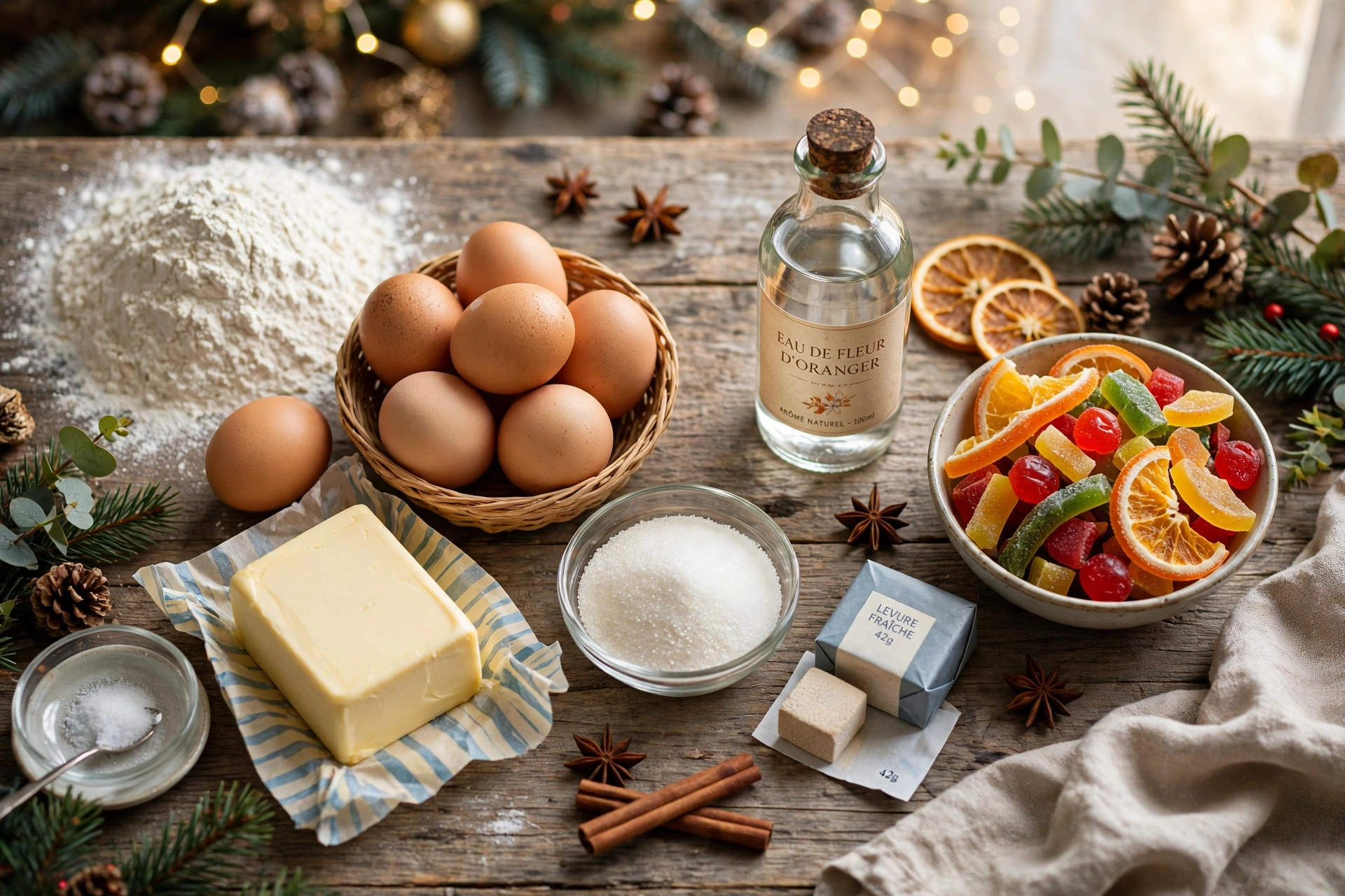Ingrédients de la brioche de noël aux fruits confits et à la fleur d'oranger