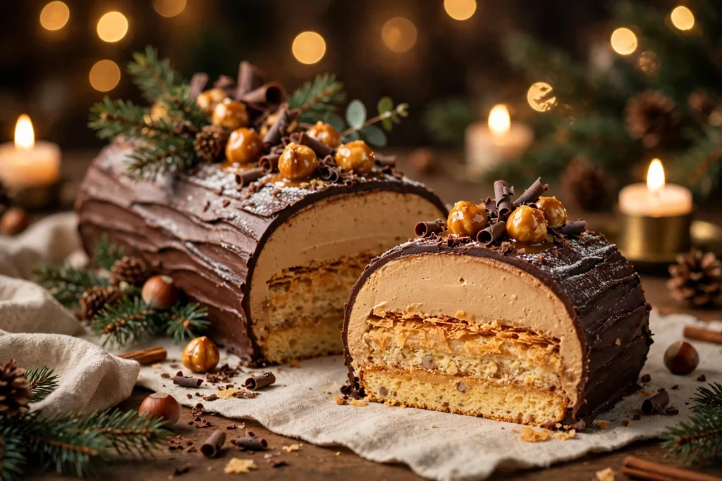 Part de bûche de noël avec insert croustillant praliné dévoilant son cœur croustillant