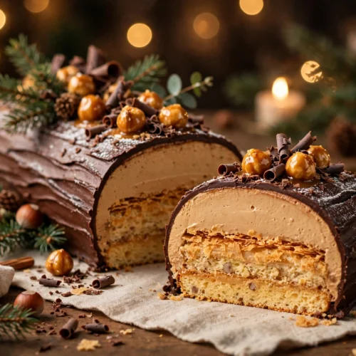 Part de bûche de noël avec insert croustillant praliné dévoilant son cœur croustillant