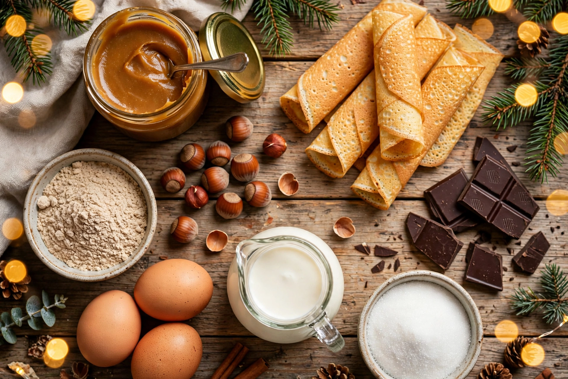 Ingrédients de la bûche de noël avec insert croustillant : praliné, feuillantine et noisettes