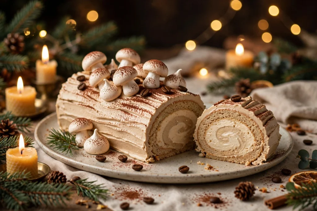 Bûche de noël facile et légère au café tranchée, mousse café et voile de cacao amer