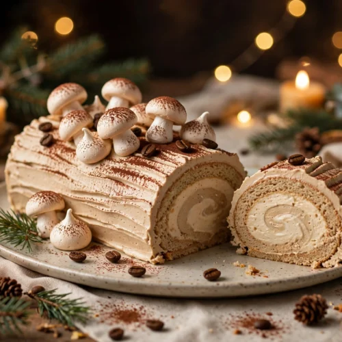Bûche de noël facile et légère au café tranchée, mousse café et voile de cacao amer