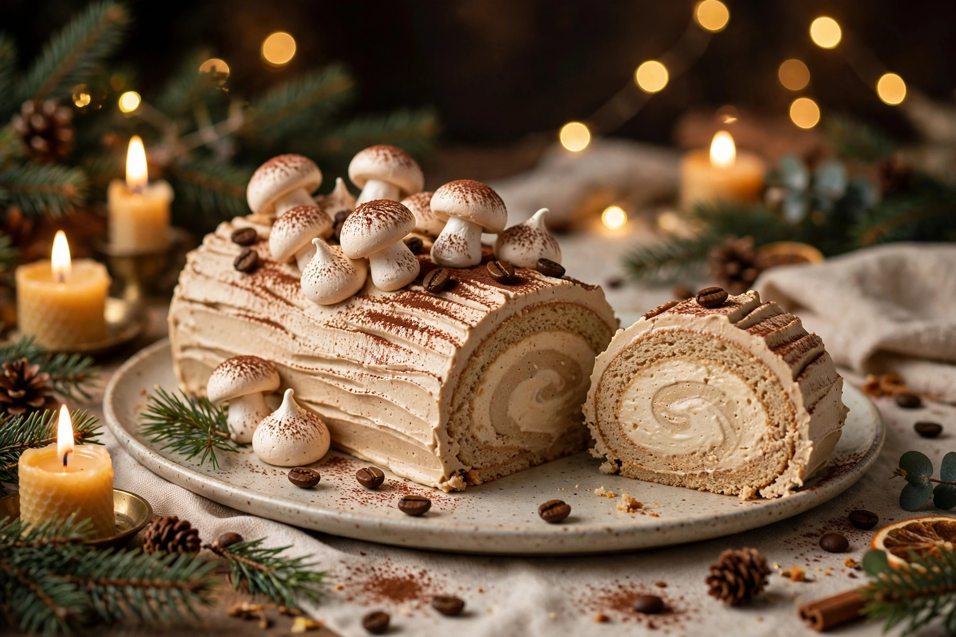 Bûche de noël facile et légère au café tranchée, mousse café et voile de cacao amer