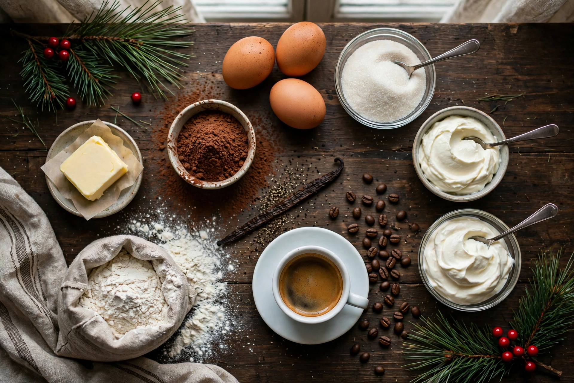 Ingrédients de la bûche de noël facile et légère au café : œufs, cacao, café et mascarpone