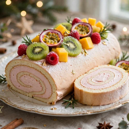 Bûche roulée à la mousse de fruits frais, la bûche de noël facile et légère aux fruits décorée de fruits exotiques