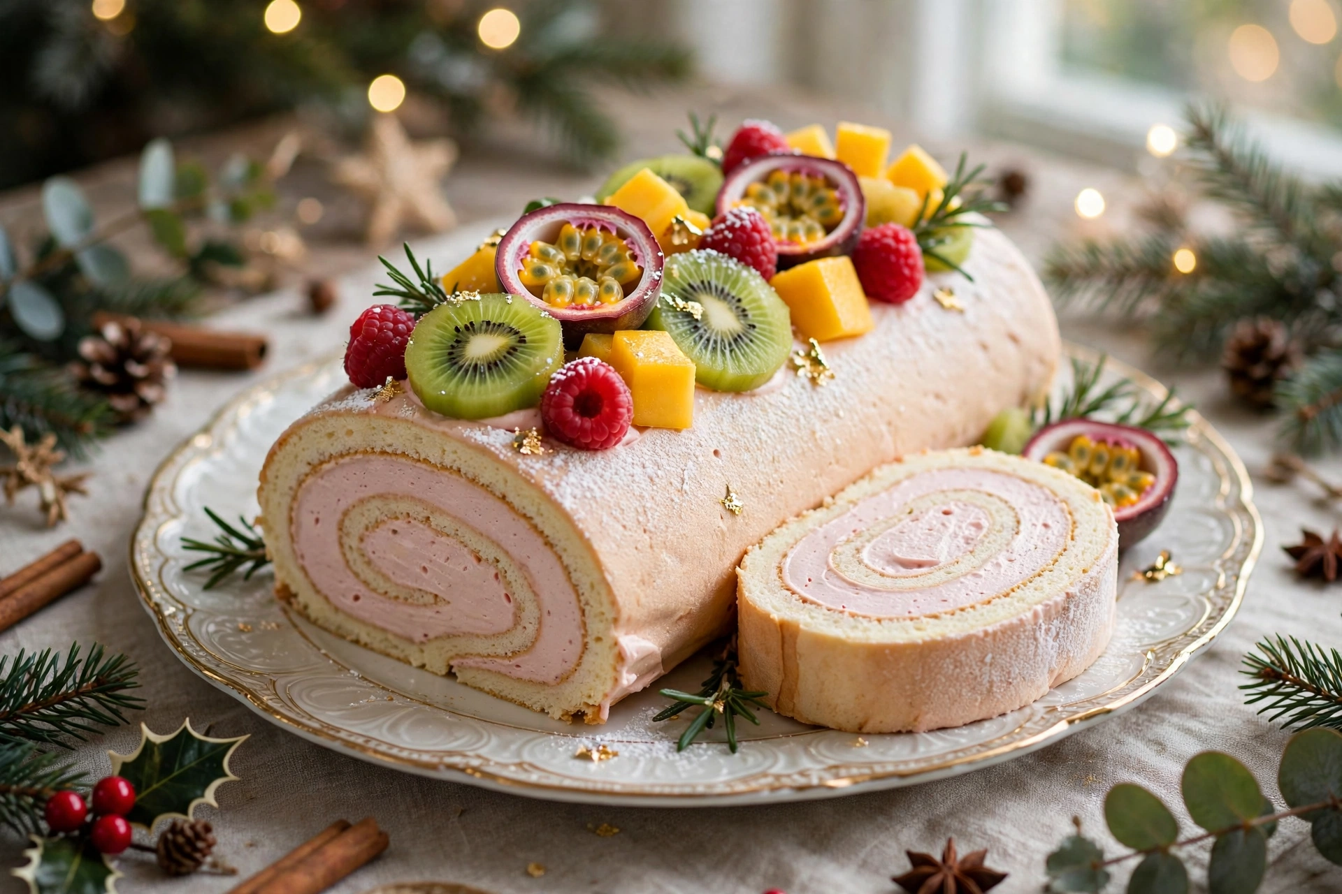 Bûche roulée à la mousse de fruits frais, la bûche de noël facile et légère aux fruits décorée de fruits exotiques