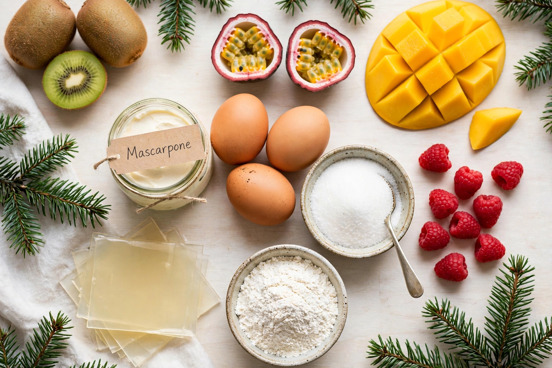 Ingrédients de la bûche de noël facile et légère aux fruits : fruits de la passion, mangue et mascarpone