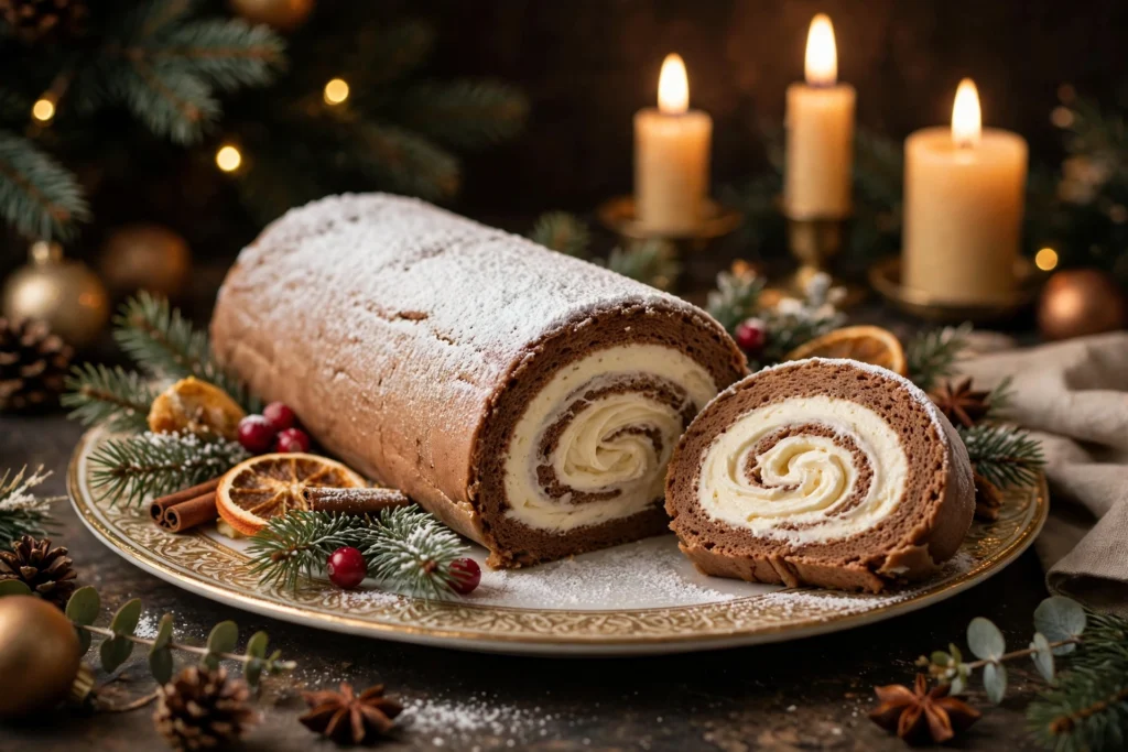 Bûche roulée à la mousse mascarpone, la bûche de noël facile et légère saupoudrée de sucre glace