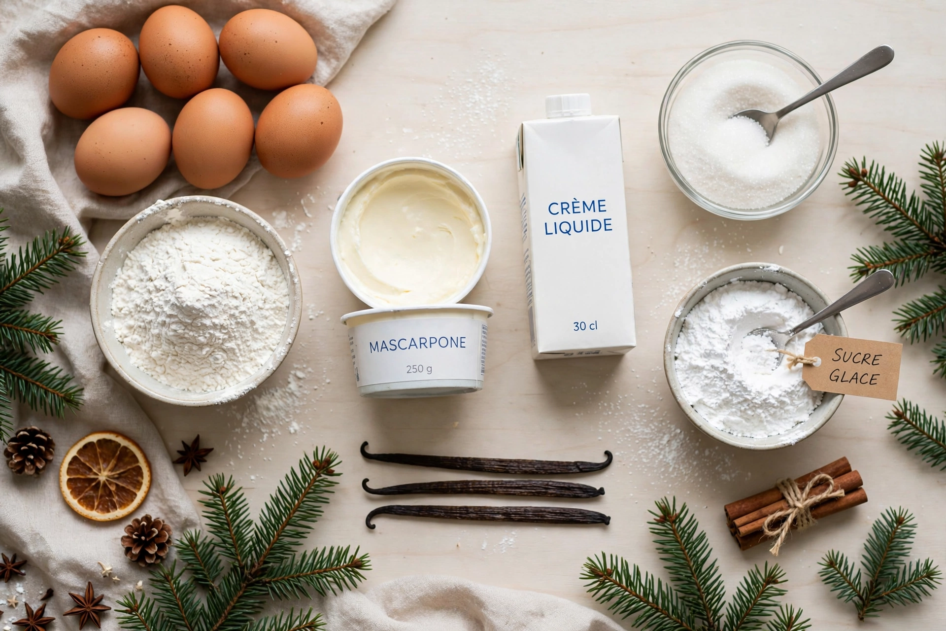 Ingrédients de la bûche de noël facile et légère : œufs, mascarpone, crème et vanille