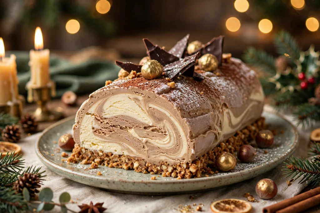 Tranche de la bûche de noël glacée recette, parfaits vanille et café sur croustillant praliné