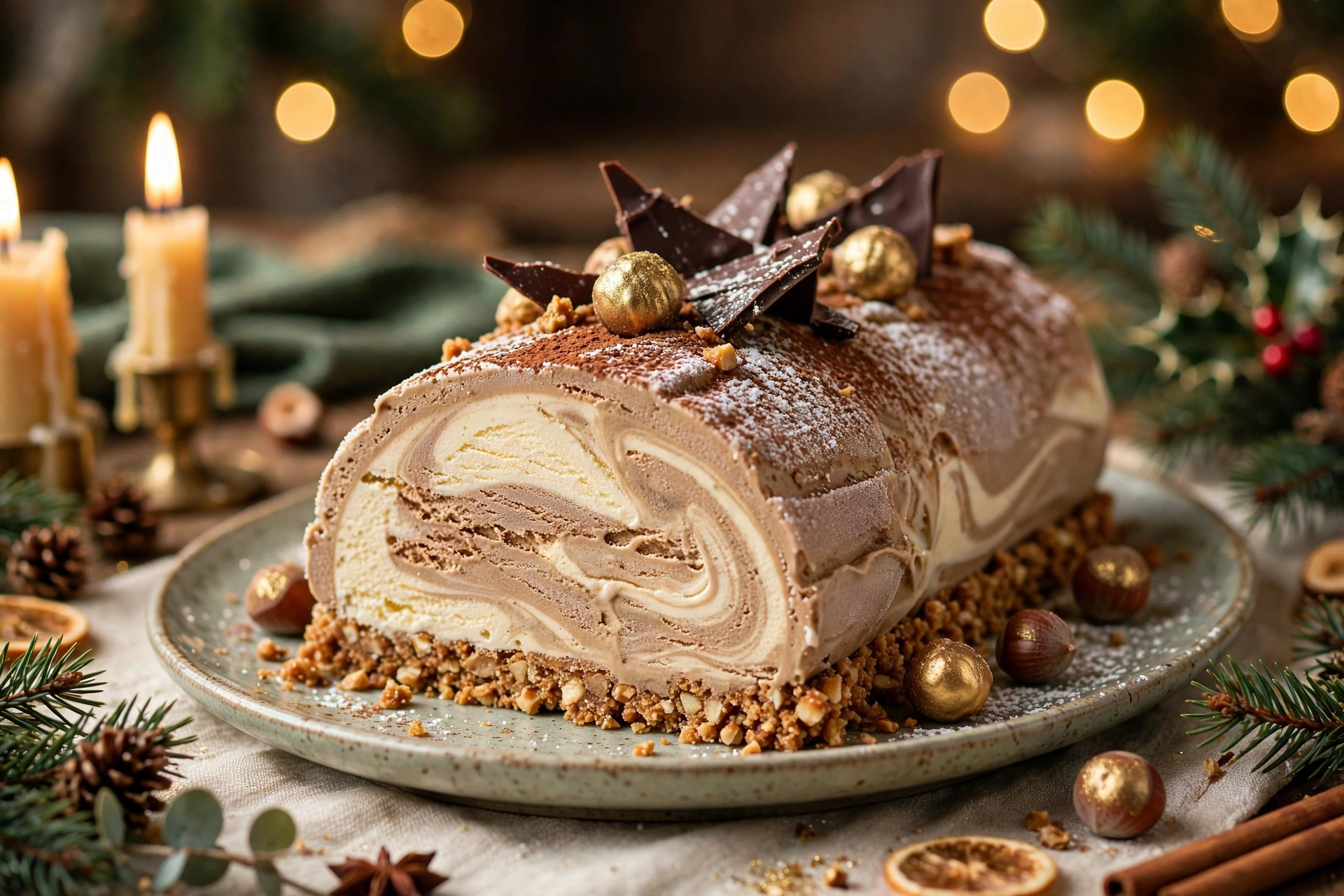 Tranche de la bûche de noël glacée recette, parfaits vanille et café sur croustillant praliné