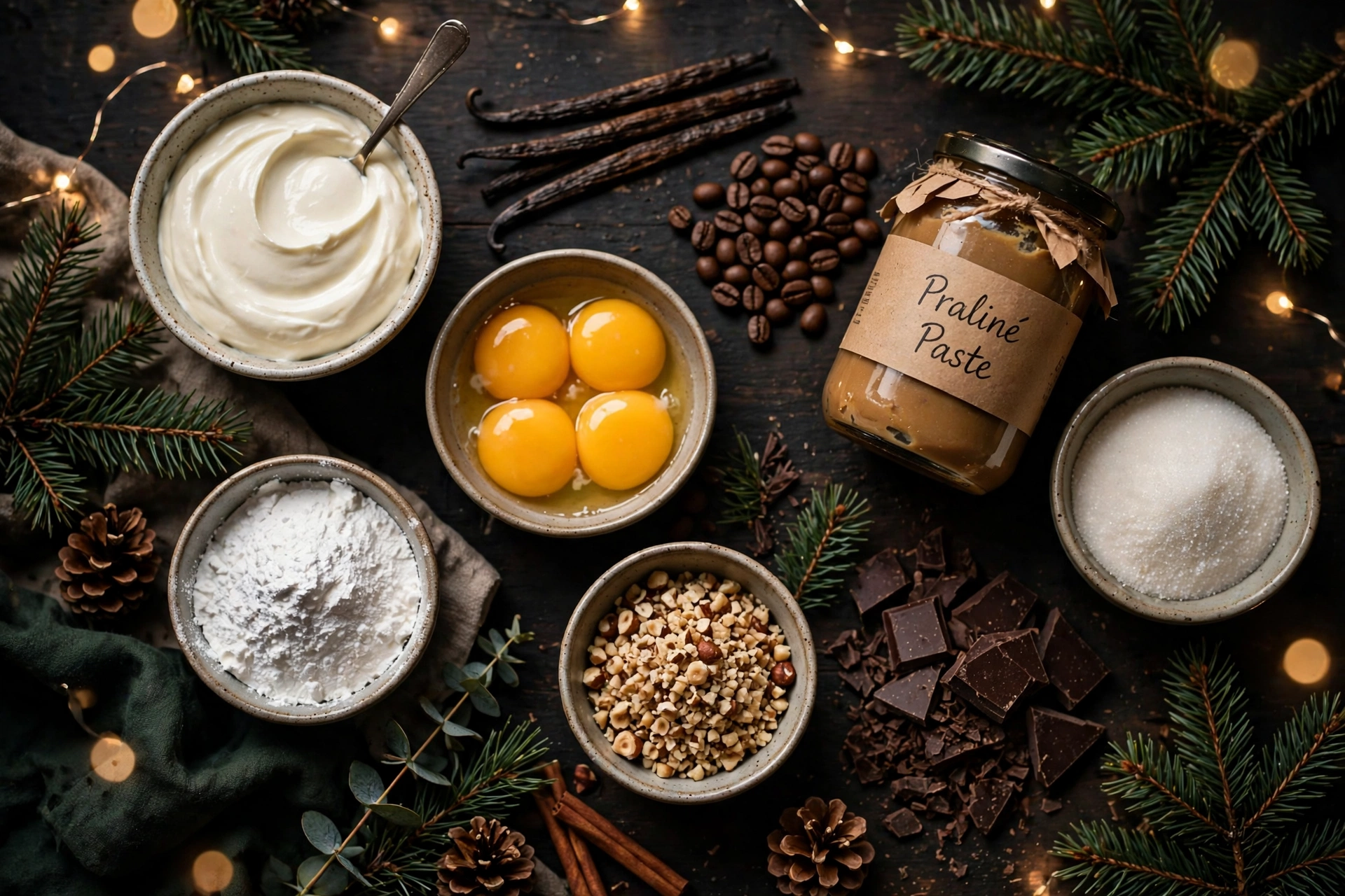 Ingrédients de la bûche de noël glacée recette : crème, jaunes d'œufs, vanille, café et praliné
