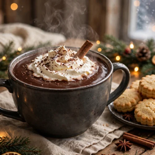 Chocolat chaud de noël onctueux avec chantilly vanillée servi en tasse