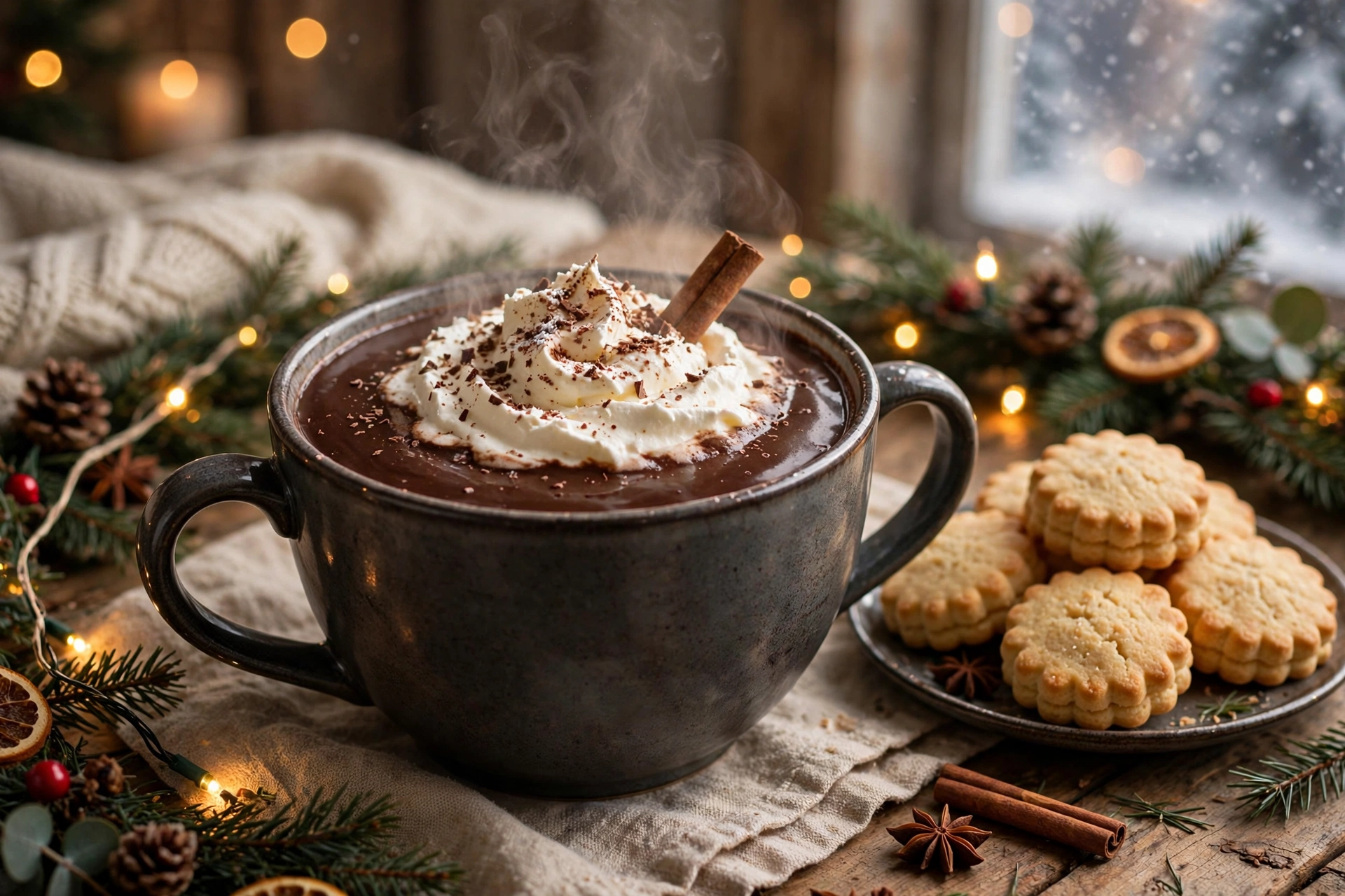 Chocolat chaud de noël onctueux avec chantilly vanillée servi en tasse