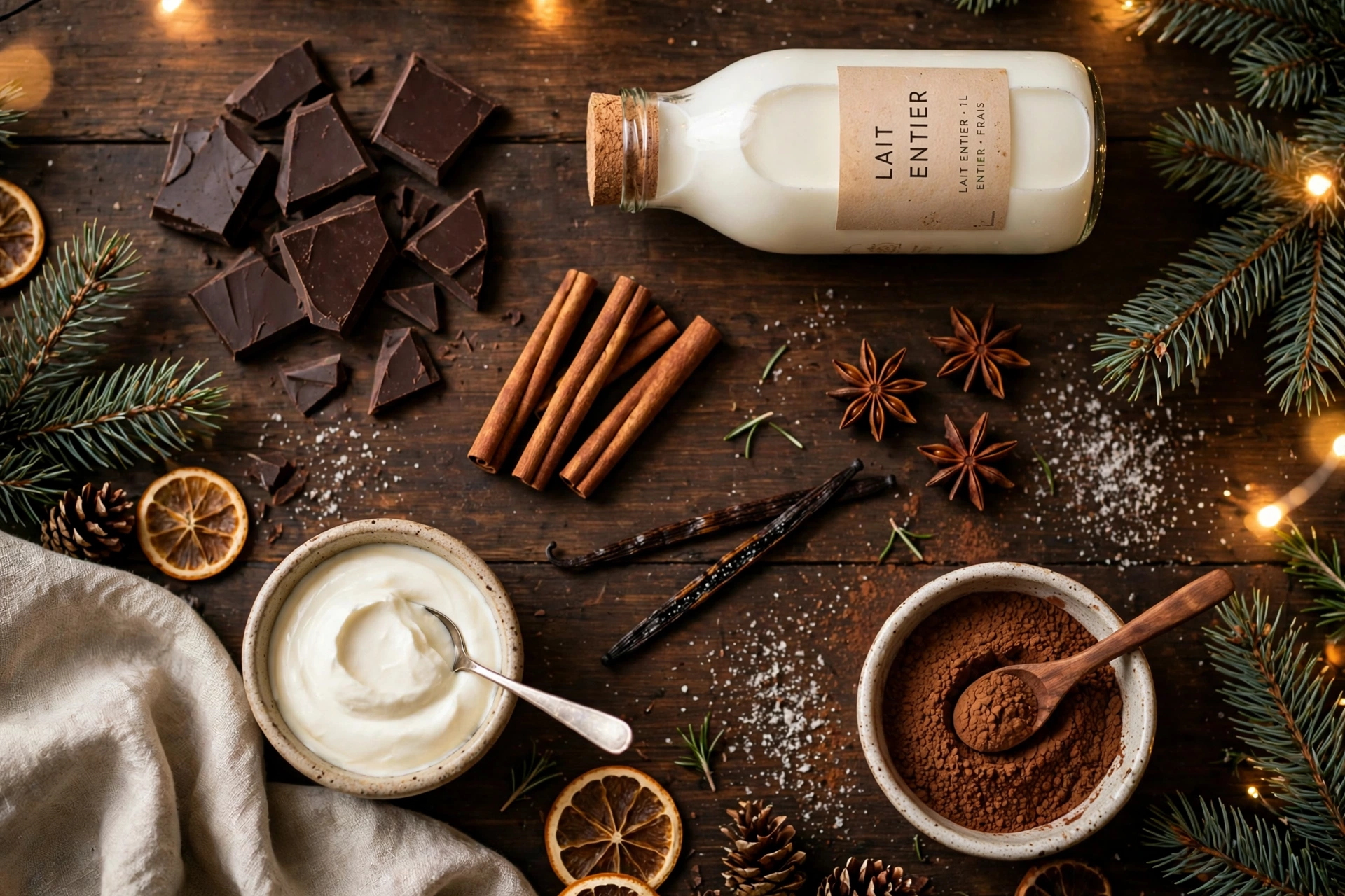 Ingrédients du chocolat chaud de noël : chocolat noir, lait entier et épices