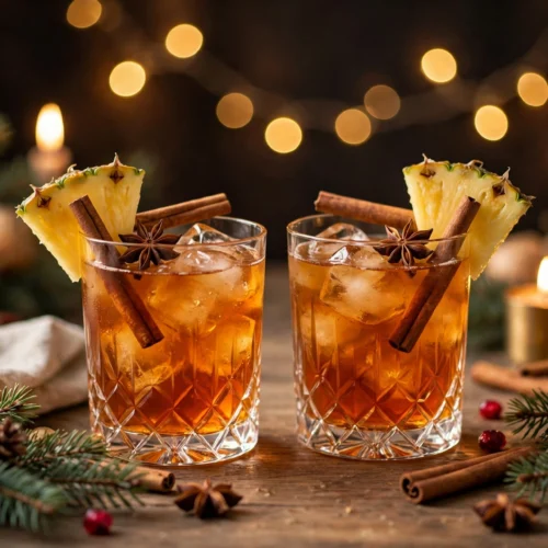 Verres de cocktail de noël rhum décorés sur une table d'apéritif de fête