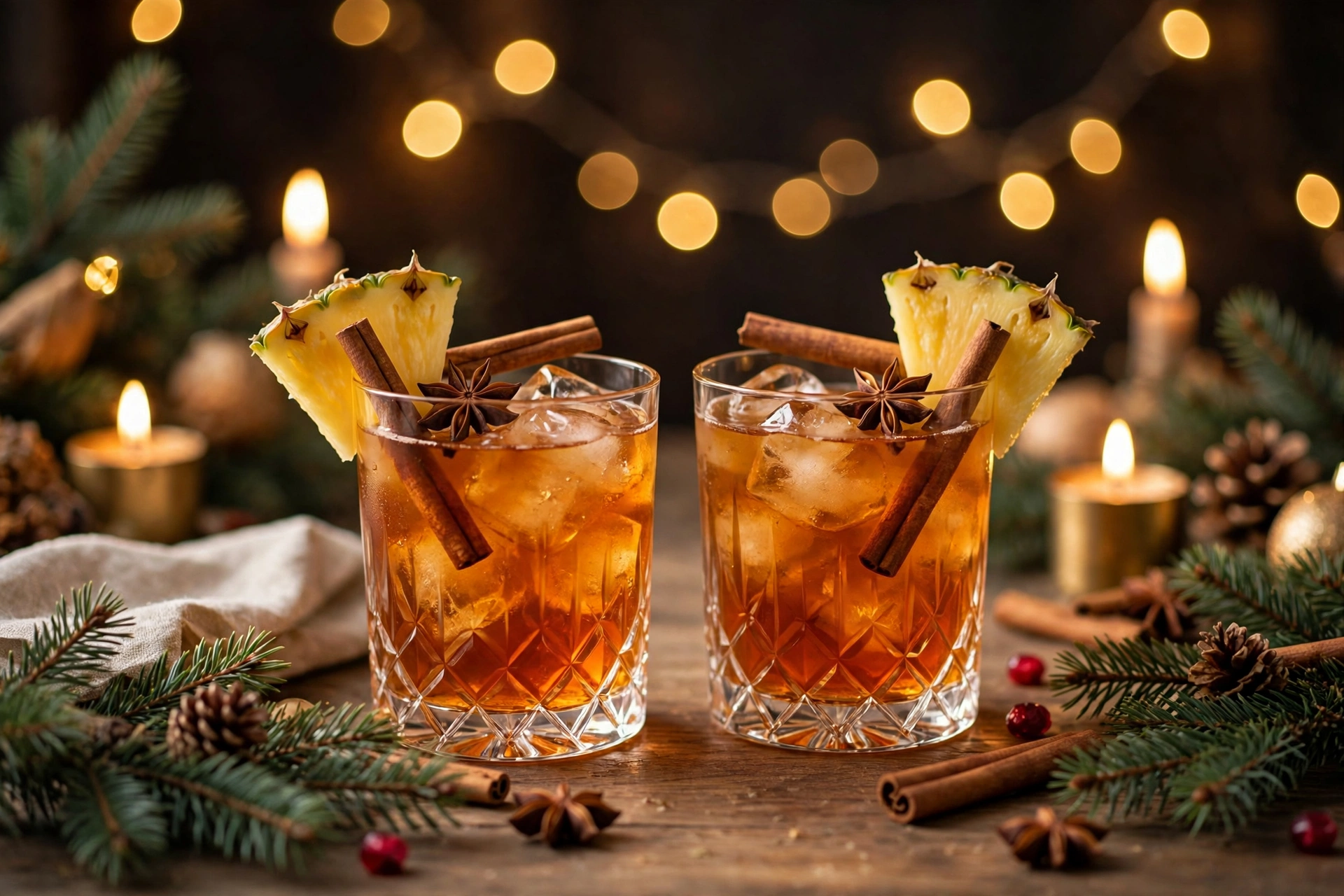 Verres de cocktail de noël rhum décorés sur une table d'apéritif de fête