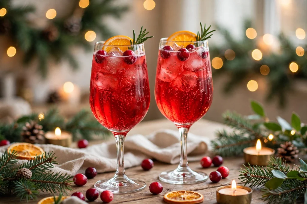 Un cocktail de noël sans alcool pétillant servi glacé avec cranberries et romarin pour l'apéritif de fête