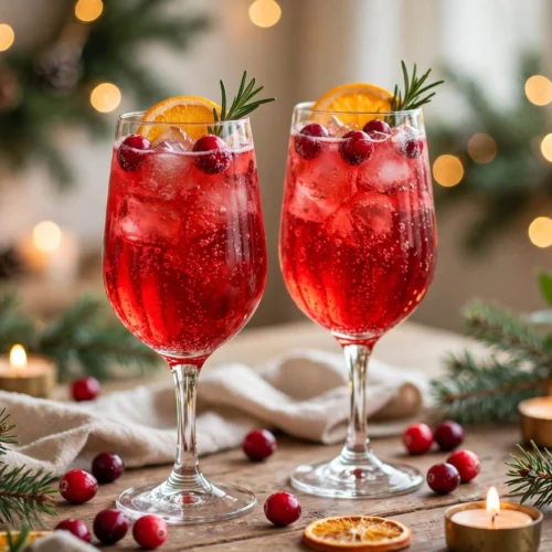 Un cocktail de noël sans alcool pétillant servi glacé avec cranberries et romarin pour l'apéritif de fête