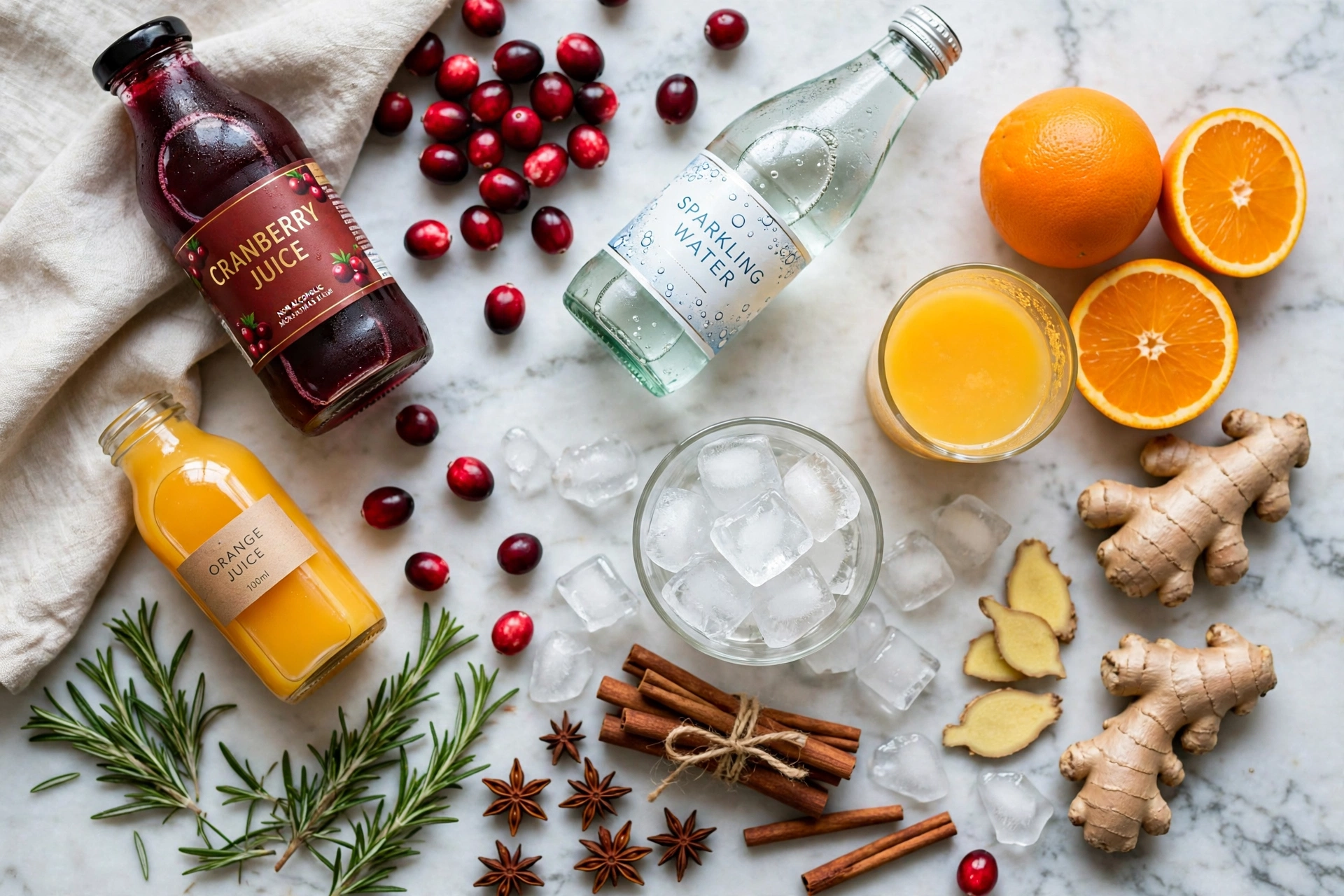 Ingrédients frais pour un cocktail de noël sans alcool aux agrumes et cranberry