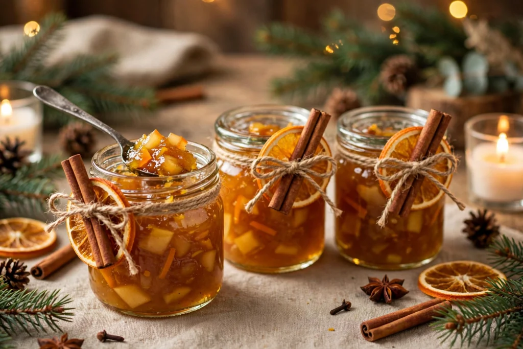 Pots de confiture de noël recette ambrée aux épices, prêts à offrir