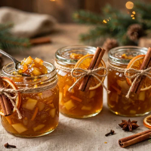 Pots de confiture de noël recette ambrée aux épices, prêts à offrir