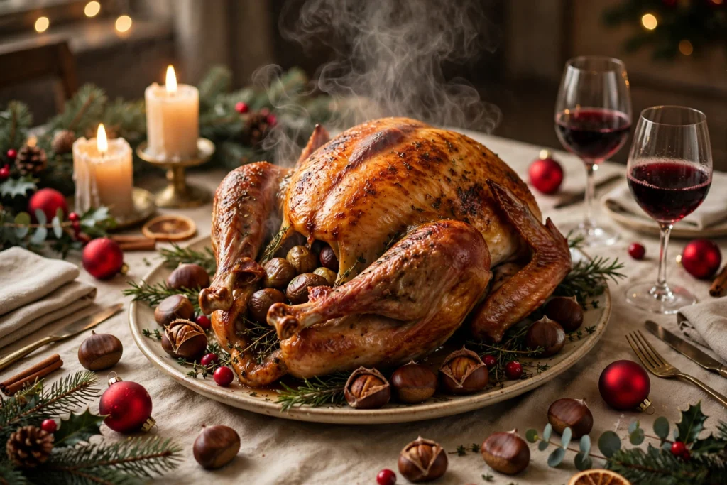 Dinde de noël rôtie et dorée servie sur la table du réveillon