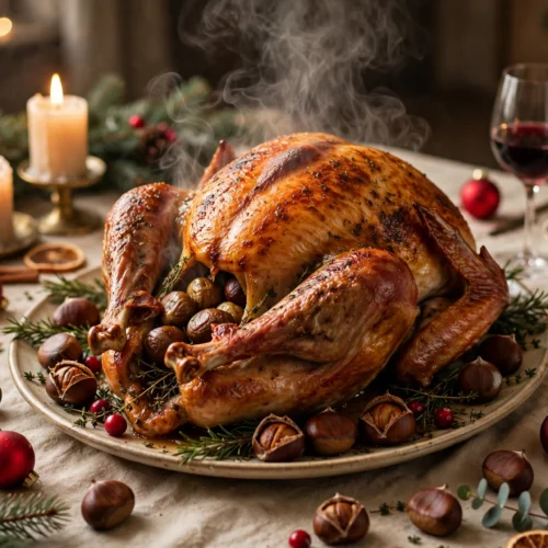 Dinde de noël rôtie et dorée servie sur la table du réveillon