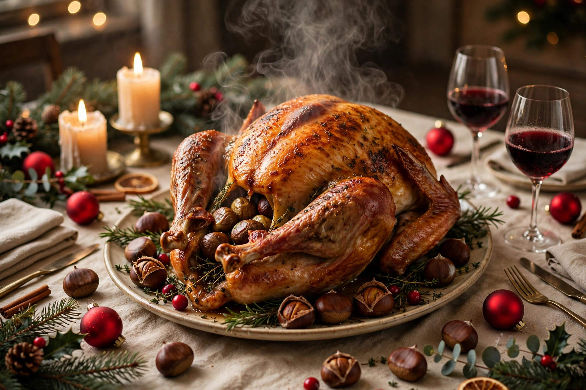 Dinde de noël rôtie et dorée servie sur la table du réveillon